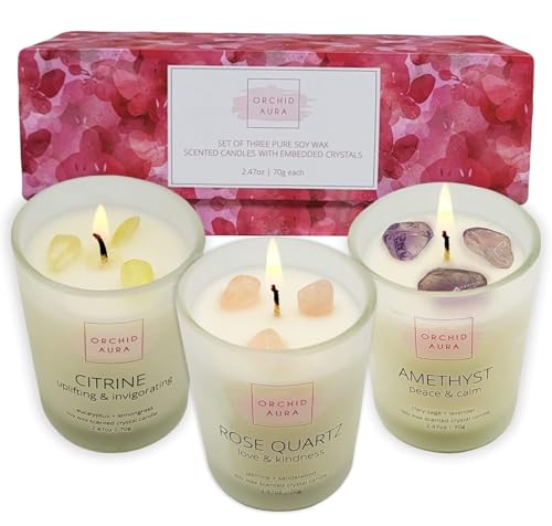 Soy Candles with Healing Crystals. Citrine, Rose Quartz, Amethyst Crystal. Eucalyptus + Lemongrass, Jasmine + Sandalwood, Clary Sage + Lavender. 3PC Scented Crystal Candle Set, 2.47oz Each
