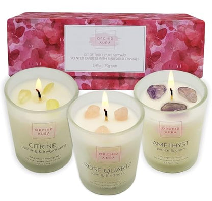 Soy Candles with Healing Crystals. Citrine, Rose Quartz, Amethyst Crystal. Eucalyptus + Lemongrass, Jasmine + Sandalwood, Clary Sage + Lavender. 3PC Scented Crystal Candle Set, 2.47oz Each
