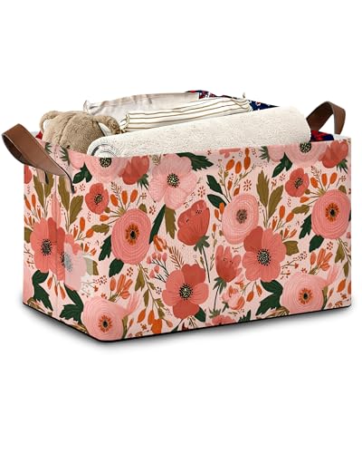Retro Pink Flower Storage Basket with Handles,Leaves Collapsible Rectangle Organizer Bin for Room Decoration Books Box Baskets 17x11.5x10Inch - color: Retro Pink Flower Leaves
