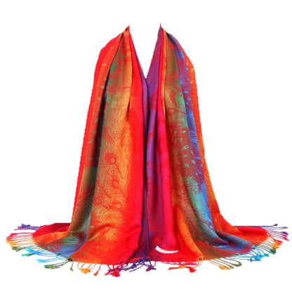 SmilerSmile Colorful Scarf Wraps for Womens Tassel Shawl Wrap - color: 05-peacock/Red