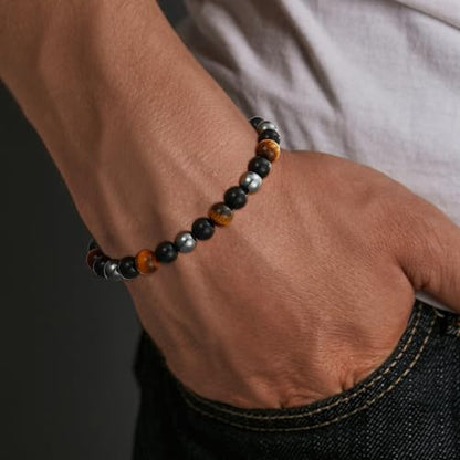 Gnamy Crystal Bracelet Gifts for Men Him- Triple Protection Hematite Black Obsidian Tiger Eye Gemstone Beaded Bracelets Birthday Healing Jewelry Gifts - style: Style 6