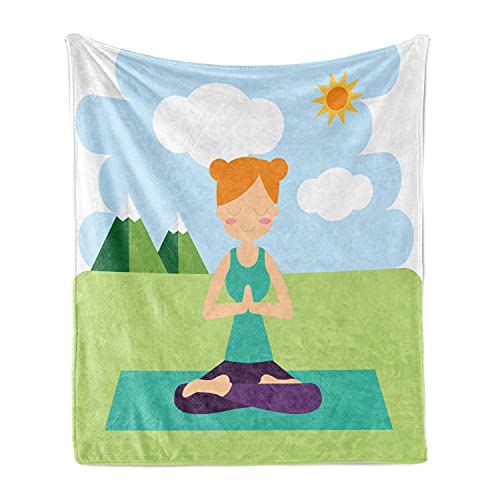 Lunarable Yoga Throw Blanket, Flat Design Girl in Lotus Pose Meditating in Calm Spring Nature Outdoors Activity, Flannel Fleece Accent Piece Soft Couch Cover for Adults, 50" x 60", Multicolor - size: 50" x 60"