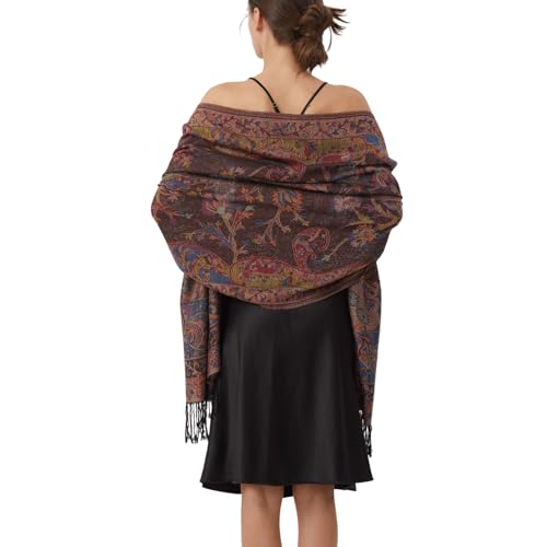 Paisley Pashmina Rave Shawl Scarf-Women's Reversible Ethnic Jacquard Pashmina Wraps for Travel - color: A#.blue Red Yellow