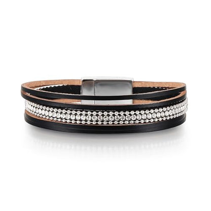 Edoneery Leather Wrap Bracelet for Women, Boho Handmade Multi-Layer Cuff with Crystal Beads Heart, Stackable Bangle Western Jewelry Gift - style: Rhinestone(Black)