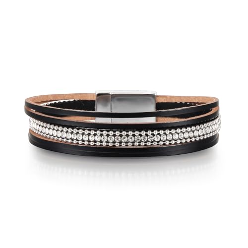 Edoneery Leather Wrap Bracelet for Women, Boho Handmade Multi-Layer Cuff with Crystal Beads Heart, Stackable Bangle Western Jewelry Gift - style: Rhinestone(Black)