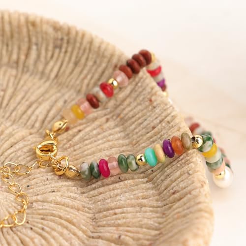 Gold Gemstone Beaded Bracelets for Women, Trendy Boho Handmade Crystal Natural Stone Beads Bracelet Summer Beach Bohemian Jewelry Gift