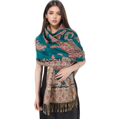 MUQU Women Pashmina Shawls and Wraps Scarf Soft Silky Reversible Paisley Scarves Shawl for Women - color: Green-b2