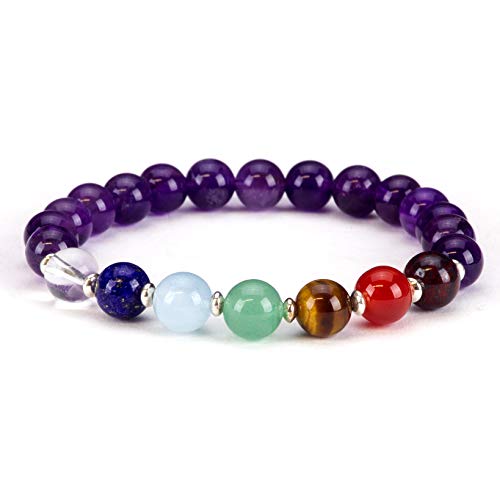 Cherry Tree Collection Chakra Stretch Bracelet | Genuine Natural 8mm Gemstones Beads, Sterling Silver Spacers | Men/Women | Small, Medium, Large Sizes - color: Amethyst - Medium