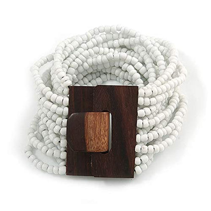 Avalaya White Glass Bead Multistrand Flex Bracelet With Wooden Closure - 19cm L