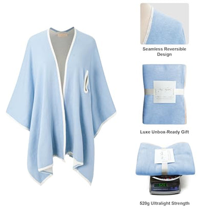 MissShorthair Knit Shawl Wraps for Women Boho Crochet Shawls Cape Open Front Cardigan - color: Sky Blue & Creme
