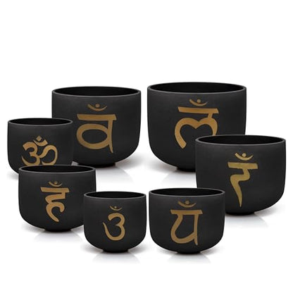 TOPFUND 6-12 inch Chakra Set of 7 Golden Sanskrit Black Crystal Singing Bowls with Heavy Duty Carrying Case and Singing Bowl Mallets - color: Set of 7 Sanskrit Black, size: 6-12 inch