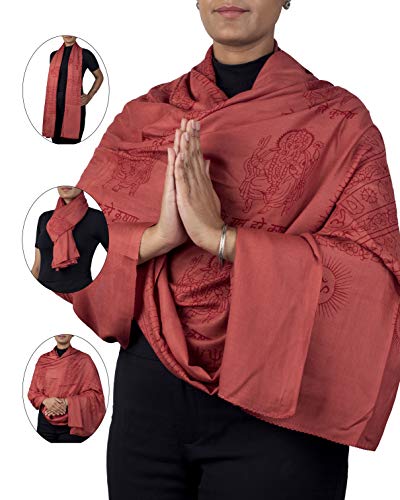 Yoga Scarf Meditation Shawl Large Wrap Hindu Prayer Stole OM Ganesha print - color: Red