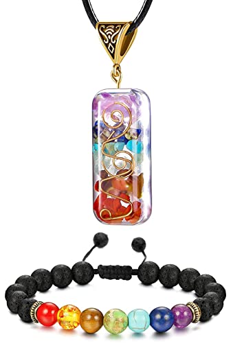 Necklace Pendant & Lava Rock Bracelet, for Women/Men (Set) - color: Rainbow-rectangle