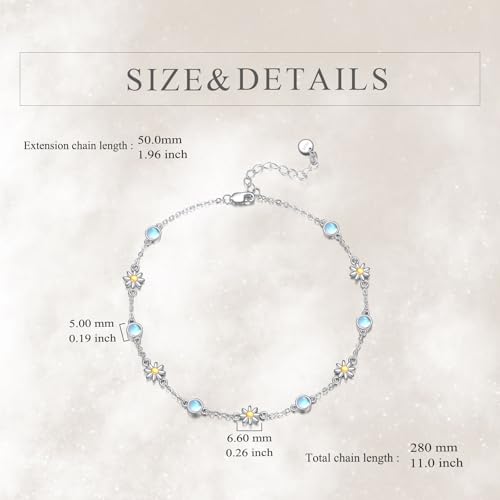 CRMAD 925 Sterling Silver Daisy/Sunflower Moonstone Anklet Daisy Flower Ankle Bracelet for Women Beach Dainty Jewelry - size: 9+2 inch, style: daisy
