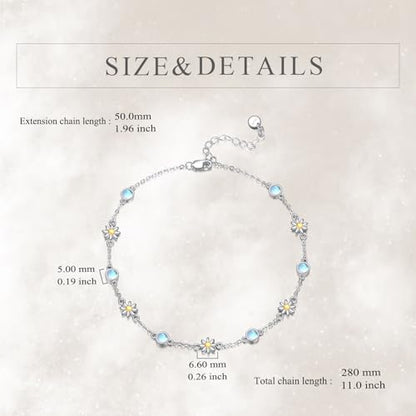 CRMAD 925 Sterling Silver Daisy/Sunflower Moonstone Anklet Daisy Flower Ankle Bracelet for Women Beach Dainty Jewelry - size: 9+2 inch, style: daisy