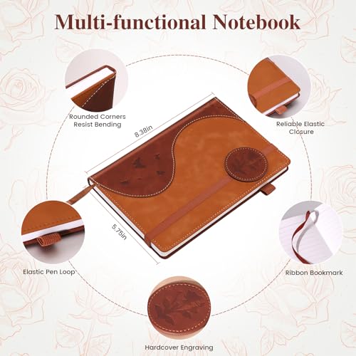 Lined Journal Notebook, A5 Hardcover Leather Journal for Men Women, 200 Pages 100 GSM Thick Paper, Journaling Notebooks for Work School Travel Note Taking, Brown - color: brown