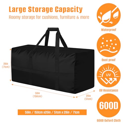 LYHNMW Outdoor Cushion Storage Bag, 600D Oxford Fabric Waterproof Extra Large Patio Furniture Bag, Cushion Organizer Bag with Zipper & Padded Handle(59"L x 20"W x 28"H)