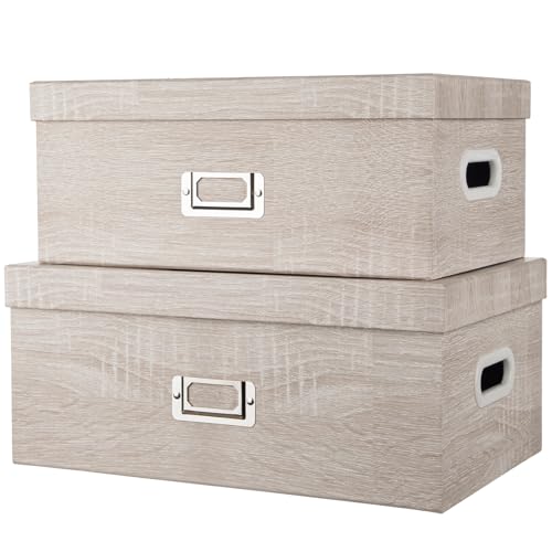 Briful Set of 2 Rustic Wood Grain Storage Boxes with Lids – Stackable Rectangular Organizer Bins, 14'' + 13'' Set Decorative Storage Containers for Bedroom, Living Room, Gifts - color: 2pcs Wooden, size: Rectangular Set2