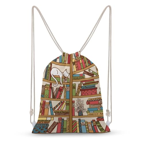 Sleeping Cat Library Bookshelf Portable Canvas Drawstring Backpack with Drawstring Pockets 35x50cm - color: Sleeping Cat Library Bookshelf, size: 35x50cm