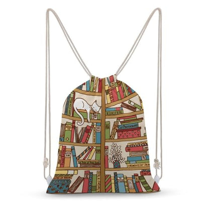 Sleeping Cat Library Bookshelf Portable Canvas Drawstring Backpack with Drawstring Pockets 35x50cm - color: Sleeping Cat Library Bookshelf, size: 35x50cm