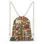 Sleeping Cat Library Bookshelf Portable Canvas Drawstring Backpack with Drawstring Pockets 35x50cm - color: Sleeping Cat Library Bookshelf, size: 35x50cm