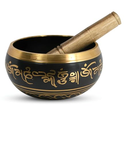 INDACORIFY Singing Bowl Reiki Buddhist Prayer Instrument with Wooden Stick Healing Dhyana Musical Instrument for For Yoga Meditation Bowl With Mallet Spiritual (Black) - color: Black