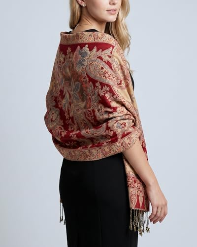 Achillea Elegant Paisley Floral Pashmina Shawl and Wrap – Boho Rave Scarf for Festival, Travel & Everyday Wear - color: Red Beige