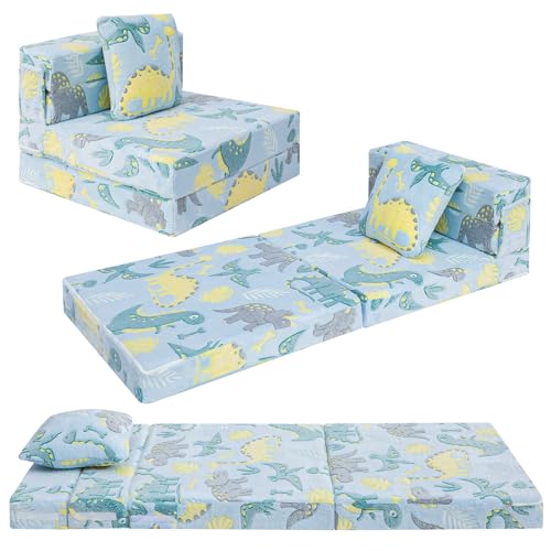 MeMoreCool Glow Dinosaur Tri-fold Sofa Bed for Kids, Foldable Futon Mattress and Chair, Convertible Floor Couch for Playroom - color: Sky Dino