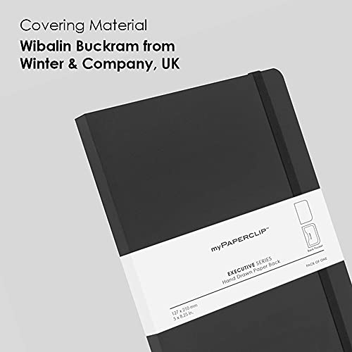 myPAPERCLIP Executive Series Medium Plain Notebook | 192 Pages, 80 GSM, Soft Cover, Medium Size (5 x 8.25 in) | Flat Lay | Bookmark, Elastic Closure & Back Pocket | Black