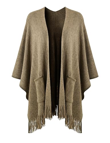 Ferand Shawl Wraps for Women, Cozy Lightweight Poncho Cape with Pockets, Warm for Fall Winter Travel - color: Khaki