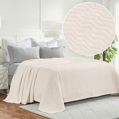 Superior JENA Cotton Blanket, for Picnic, Beach, Traveling or Camping, Bedroom Decor, Essentials, Cover for Bed, Couch, Lounging, Textured Jacquard, Modern Chevron Woven Blanket, Throw, Ivory