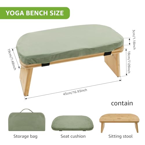 Folding Meditation Bench, Bamboo Kneeling Stool with Cushion, Portable Meditation Chair, Yoga Stool, Yoga Bench, Zen Practice, Comfortable Kneeling Chair, 16.9x7.5x7.1in (Green)