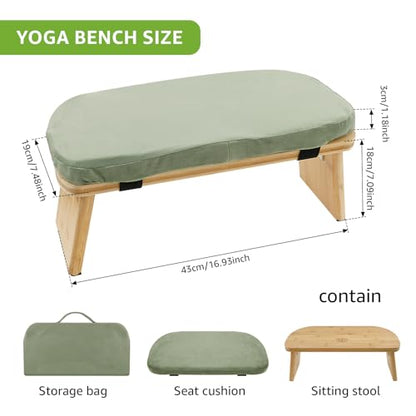 Folding Meditation Bench, Bamboo Kneeling Stool with Cushion, Portable Meditation Chair, Yoga Stool, Yoga Bench, Zen Practice, Comfortable Kneeling Chair, 16.9x7.5x7.1in (Green)