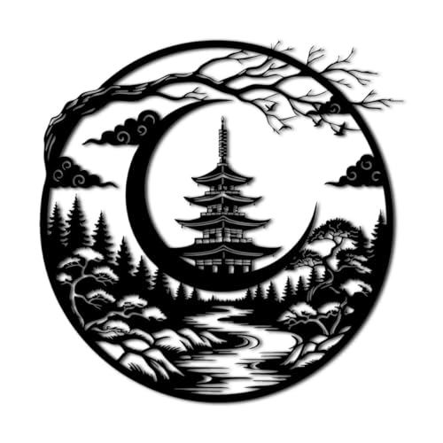 Japanese Pagoda Landscape Metal Wall Art Metal Outdoor Decor Metal Signs Minimalist Aesthetic Wall Decor Elegant Exquisite Home Decoration for Living Room Bedroom Zen Garden (Black,12inch)