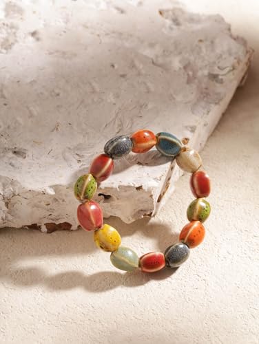 MINACHI Boho Hippie Colorful Ceramic Beads Strand Stretch Bracelet, Bohemian Summer Beach Jewelry Gift for Women - color: S06