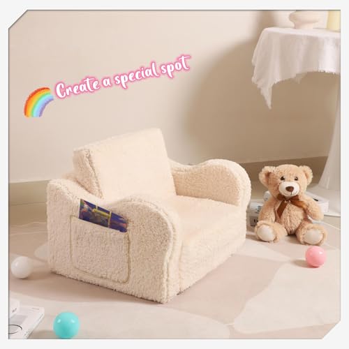 MOMCAYWEX Kids Sofa, 2-in-1 Flip-Out Foam Couch with Soft Sherpa Cover, Cozy Play Lounge Chair, Cream - color: Cream, size: Medium