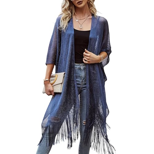 Sparkle Metallic Evening Shawls for Women formal Party Dresses Beach Travel Cardigan Shawl Wrap for Swimsuit - color: L-navy Blue