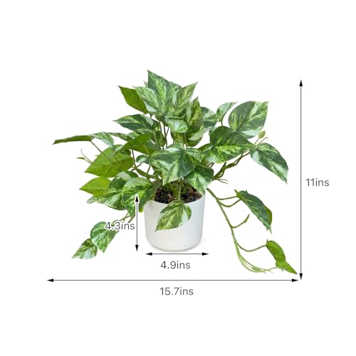Artificial Plants Faux Pothos with Plastic White Pot Artificial Potted Plant for Home Office Bedroom Indoor Outdoor Decor 1 Pack(Light Green)