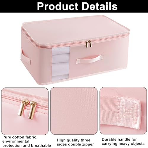 3 Pack Large Canvas Storage Bags, Zipper Closet Organizers Thick Handles Clear Window, Foldable Cotton Linen Containers for Clothes Sweater/Bedding（Bean Pink） - color: Bean Pink