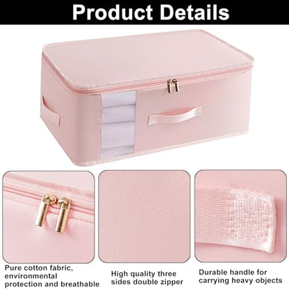 3 Pack Large Canvas Storage Bags, Zipper Closet Organizers Thick Handles Clear Window, Foldable Cotton Linen Containers for Clothes Sweater/Bedding（Bean Pink） - color: Bean Pink
