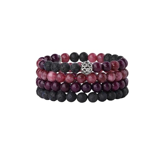 Fengling 4 PCS Beaded Crystal Bracelet for Women 8mm Natural Gemstones Handmade Bracelet for Girls Healing Stretch Bracelets Crystal Jewelry for Women Gifts - color: Jade Marrow Deep Purple & Strawberry Crystal k & Lava Rock