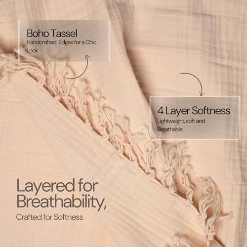 Salt Earth 100% Cotton Muslin Throw Blanket, Gauze Blanket 50"X60" Throw with Tassel 4 Layered for Couch, Bed, Living Room, Home,Lightweight & All Season Blankets & Throws, Skin Friendly (Parchment) - color: Parchment, size: 50"X60" Throw