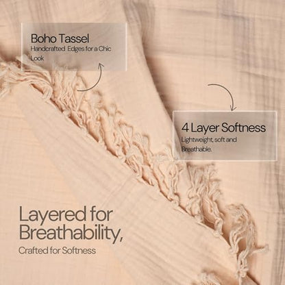 Salt Earth 100% Cotton Muslin Throw Blanket, Gauze Blanket 50"X60" Throw with Tassel 4 Layered for Couch, Bed, Living Room, Home,Lightweight & All Season Blankets & Throws, Skin Friendly (Parchment) - color: Parchment, size: 50"X60" Throw