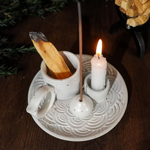 MOUGIGI 5-in-1 White Ceramic Palo Santo Burner & Holder - Small Candle and Smudge Tray for Incense Sticks & Cones, Sage, Zen Meditation Altar Accessory – Compatible with Matches for Aromatic Scents - color: Multifunctional Palo Plate-white