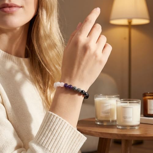 Natural Stone Beaded Bracelets for Women Men - 8MM Semi-Precious Stones Bracelets Adjustable Crystal Beads Stretch Bracelet - color: Empath Protection