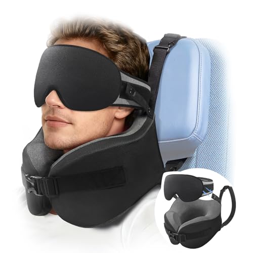 YFONG Travel Pillow for Long Flight Airplanes, Head Strap Combo with 3D Contoured Eye Mask for Sleep, Neck Pillow for Car Trip Essential, 360° Support Memory Foam Headrest, Prevent Head Bobbing, Black - color: Black