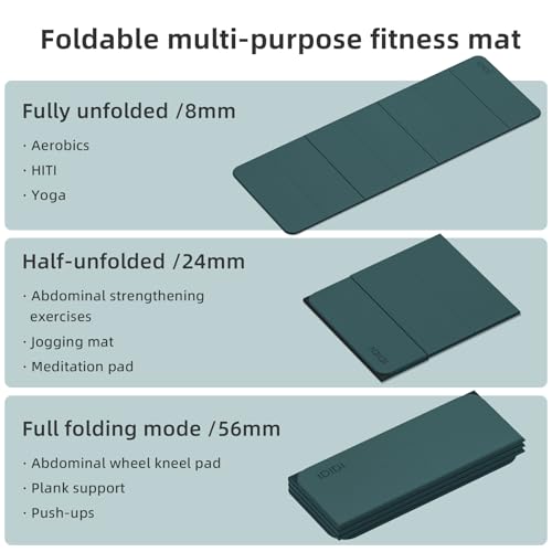 Foldable Yoga Mat Extra Thick 0.32 Inches（8mm） - SGS Certified POE Material Exercise Mat, Non-Slip Design Fitness Mats, Multi-Purpose Workout Mats for Studio or Home Use - color: Deep green