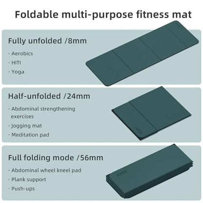 Foldable Yoga Mat Extra Thick 0.32 Inches（8mm） - SGS Certified POE Material Exercise Mat, Non-Slip Design Fitness Mats, Multi-Purpose Workout Mats for Studio or Home Use - color: Deep green