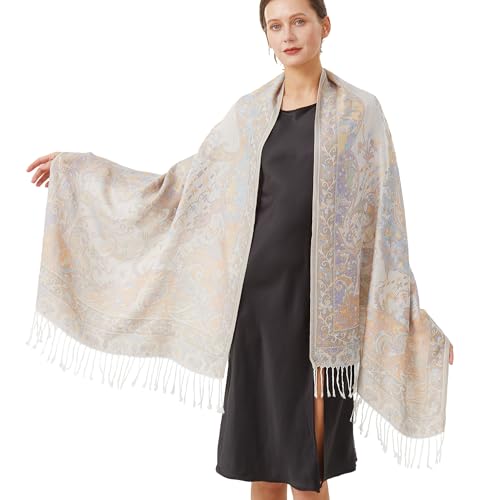 Paisley Pashmina Rave Shawl Scarf-Women's Reversible Ethnic Jacquard Pashmina Wraps for Travel - color: A#. White Blue