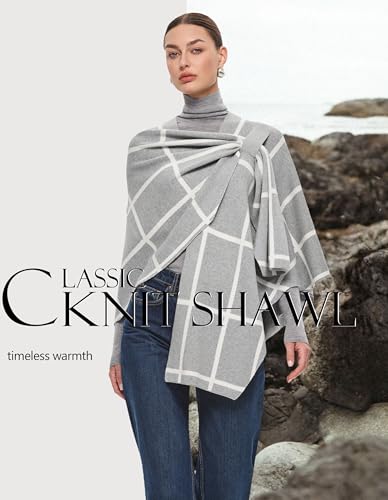 PULI Womens Elegant Cross Front Shawl Wraps Knitted Ponchos Cape Light Weight Poncho Sweater Soft Warm Travel Wraps - color: Classic Check-light Heather Gray and Ivory White